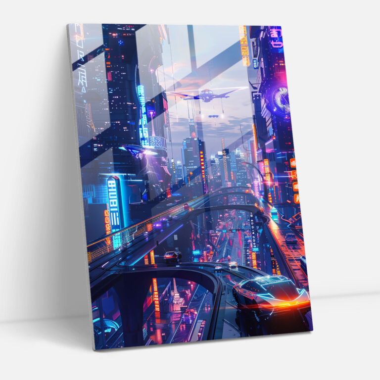 Futurism Art Style Glass Print - Neon Cityscape - Futurism, Glass Print, Futurism Art Style, Wall Decoration