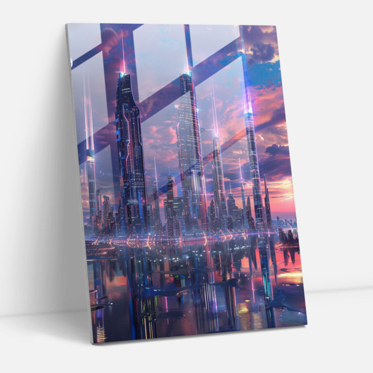 Futurism Art Style Glass Art - Holographic Skyline - Futurism, Glass Wall Art, City Skyline, Glass Print