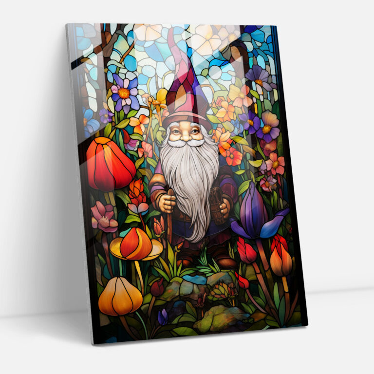 Stained Glass Gnome Art - Gnome, Intricate Details, Lush Garden, Modern Art