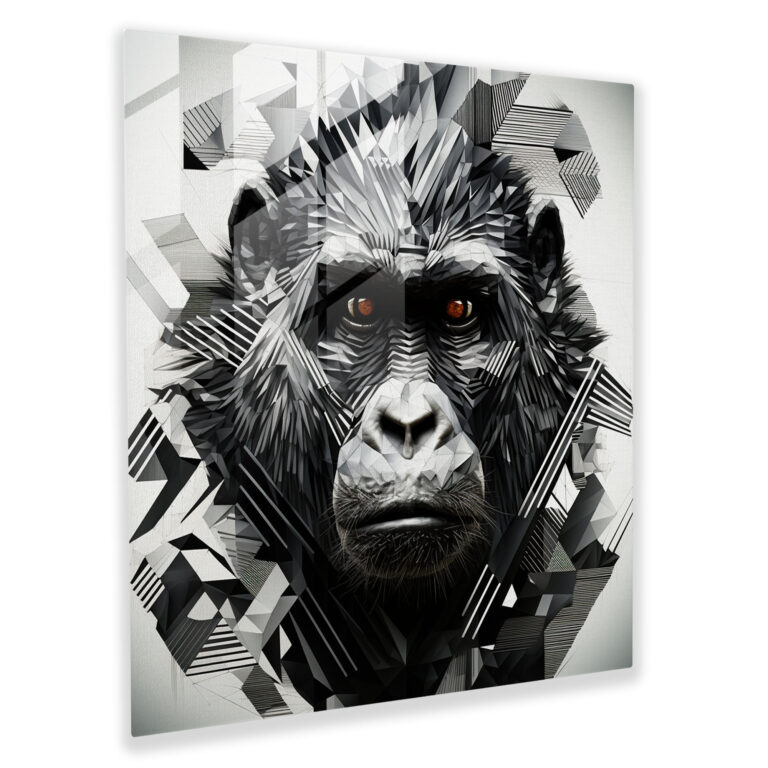 Geometric Gorilla Glass Print - Gorilla, Glass Wall Art, Home Decoration, Contrasting Black And White