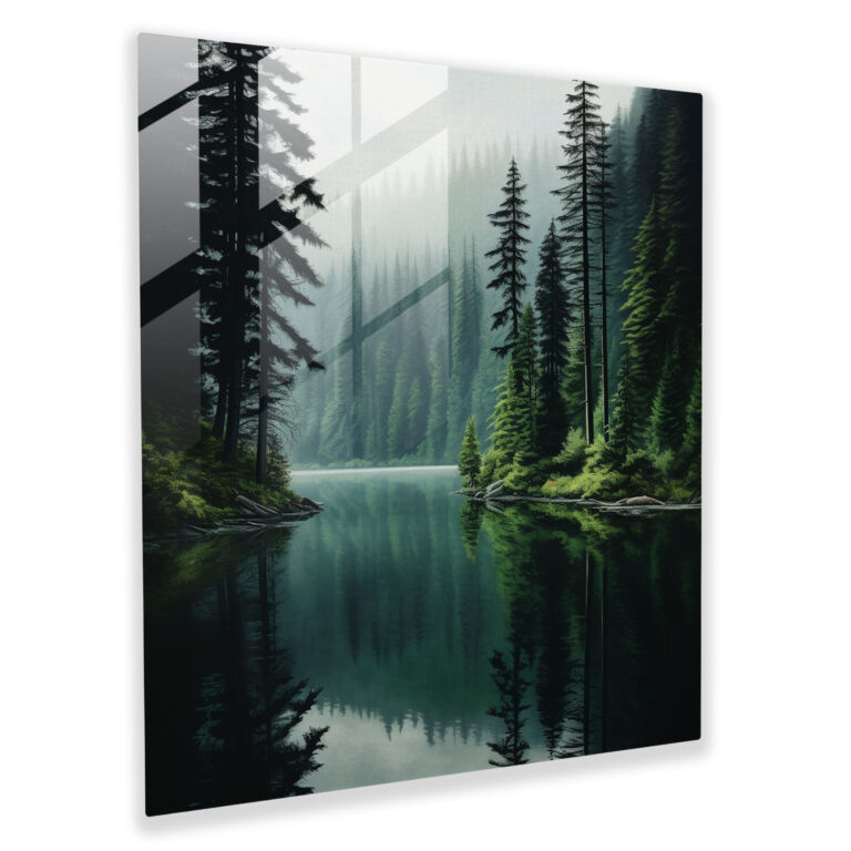Reflective Green Pine Glass Print - Tranquil Lake Wall Art - Green Pine, Reflective Art, Serene Atmosphere, Glass Wall Art