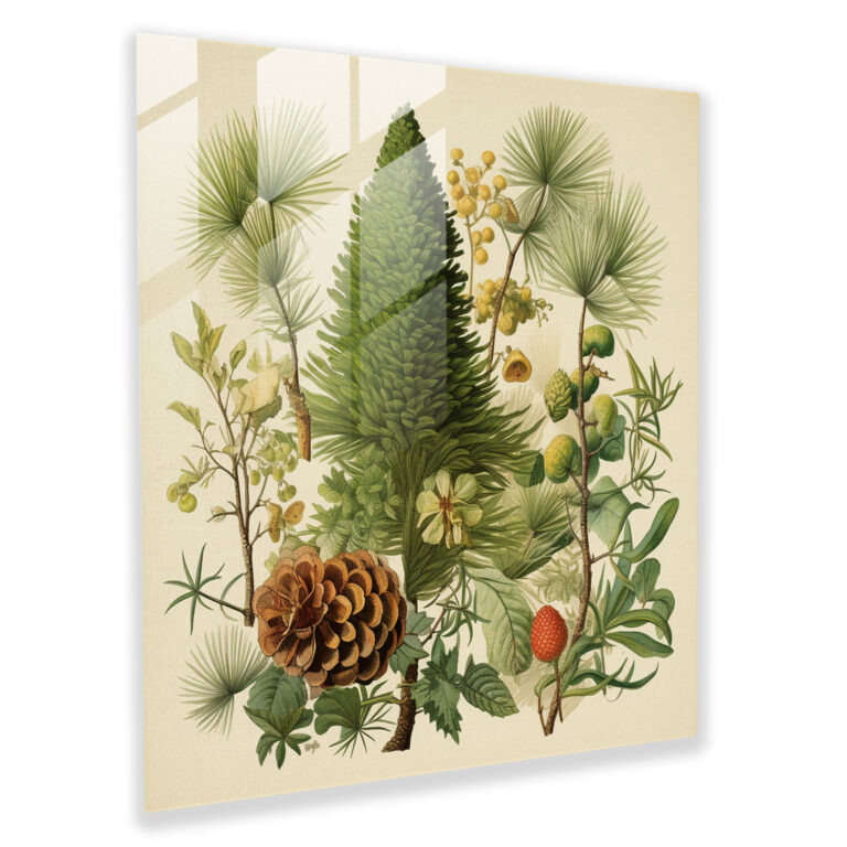Vintage Botanical Green Pine Glass Print - Green Pine, Glass Print, Wall Decoration, Glass Wall Art
