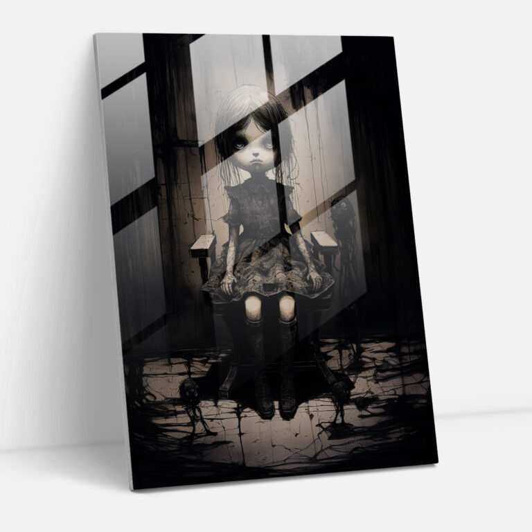 Horror Glass Print: Creepy Doll - Horror, Horror, Pen And Ink Drawing, Glass Print