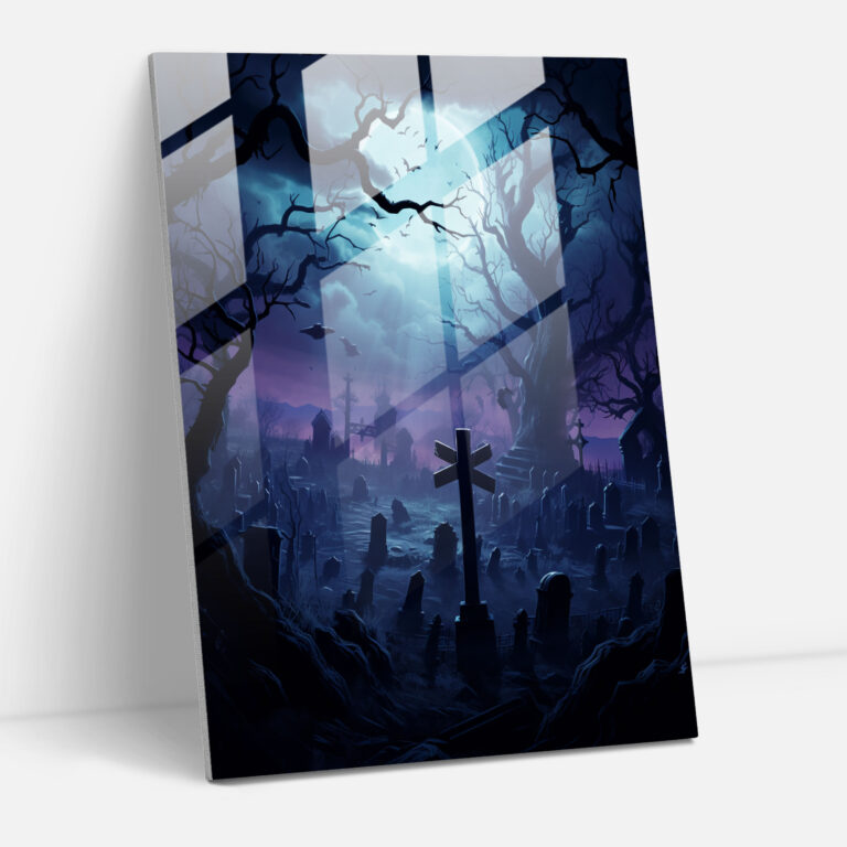 Horror Glass Print: Ghostly Graveyard - Horror, Full Moon, Digital Illustration, Glass Print