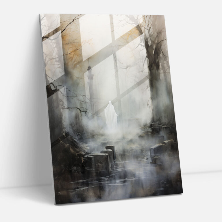 Horror Glass Print - Ghostly Figure In Misty Graveyard - Horror, Ethereal, Wall Decoration, Glass Wall Art