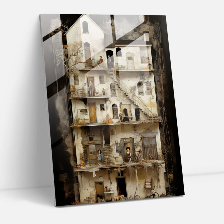 Horror Glass Print - Surreal Dollhouse With Distorted Figures - Horror, Modern Art, Horror, Glass Wall Art