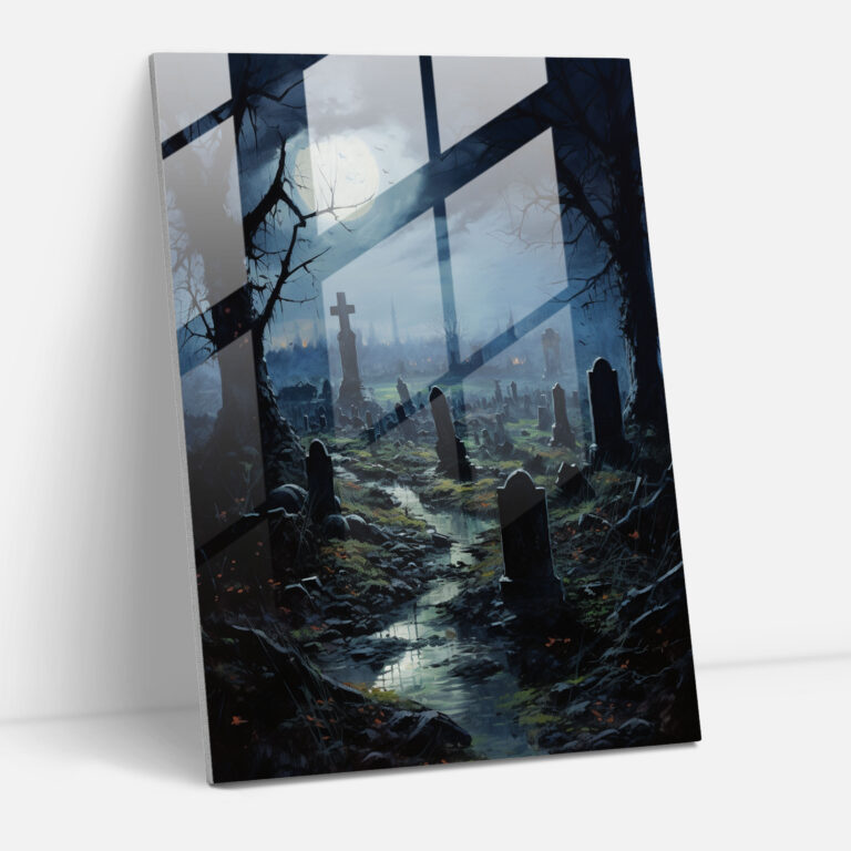 Horror Glass Print - Moonlit Graveyard With Dancing Shadows - Horror, Impressionist Painting, Dancing Shadows, Glass Art
