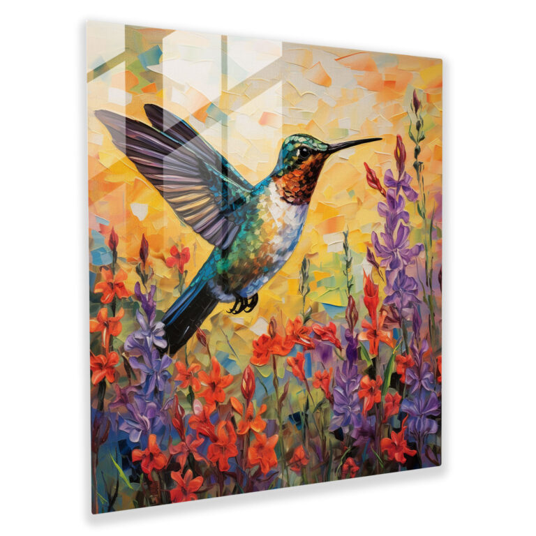 Wildflower Harmony Glass Print - Hummingbird, Modern Art, Wall Decoration, Home Decoration