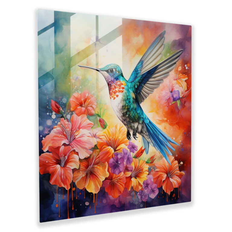 Hummingbird Watercolor Glass Print - Hummingbird, Glass Wall Art, Watercolor Painting, Wall Decoration
