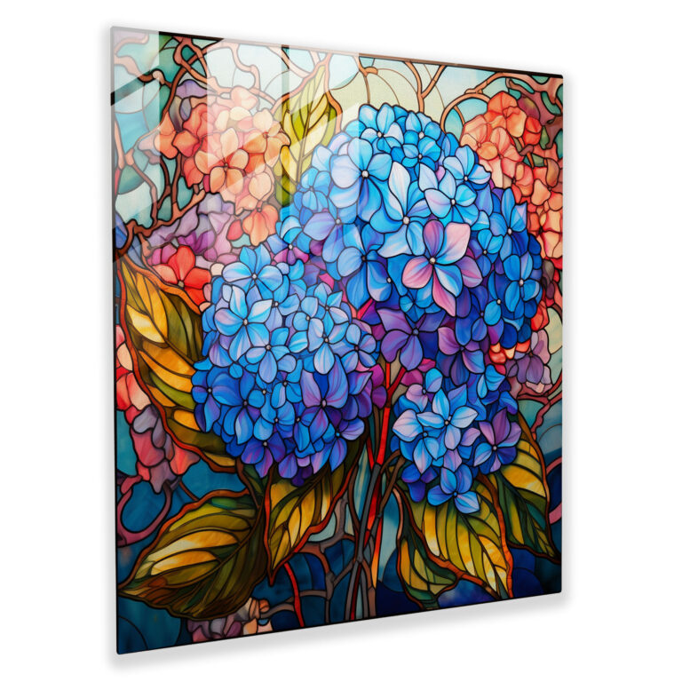 Hydrangea Stained Glass Glass Print - Hydrangea, Stained Glass Representation, Glass Wall Art, Modern Art