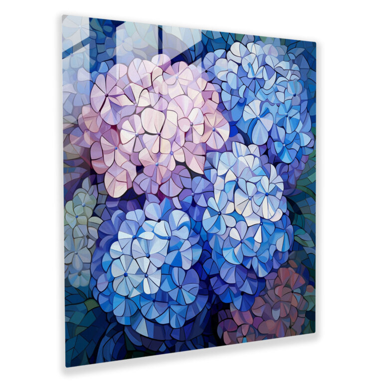 Hydrangea Mosaic Glass Print - Hydrangea, Hydrangea, Pixelated Composition, Glass Wall Art
