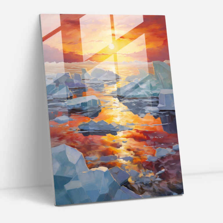 Icy Sunset Iceberg Glass Print - Iceberg, Isolated Iceberg, Glass Print, Icy Sunset
