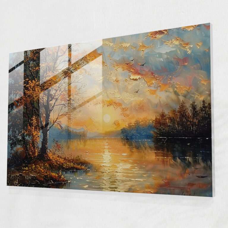 Impressionism Home Decoration - Romantic Lakeside Sunset - Impressionism, Lakeside, Glass Print, Sunset