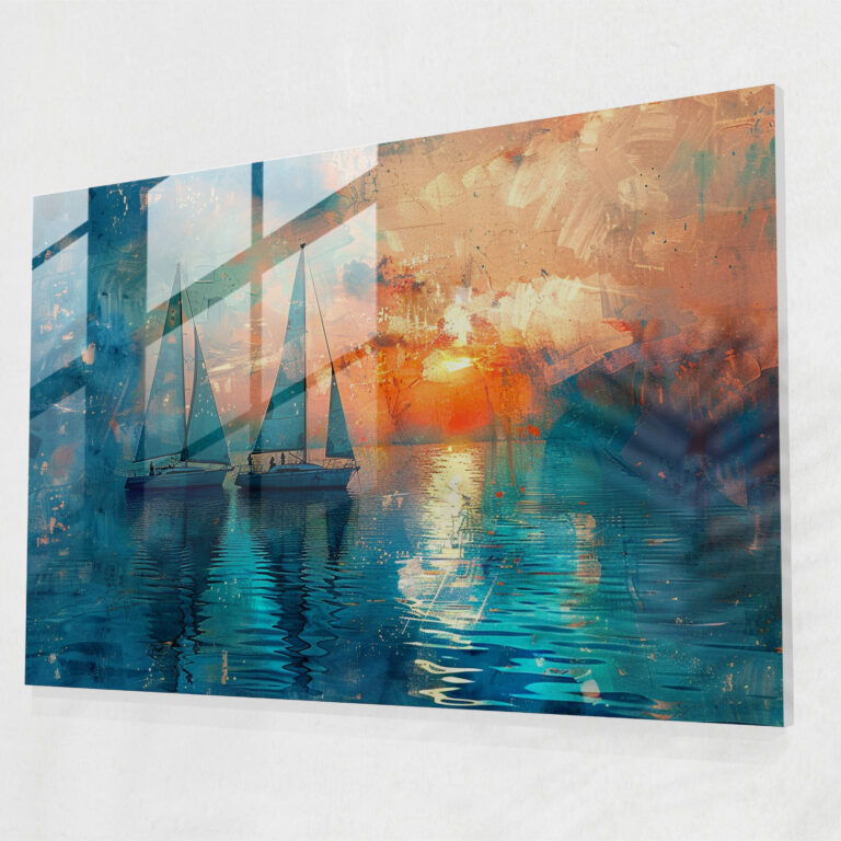 Impressionism Sailboats Sunset Glass Print - Impressionism, Lake, Wall Decoration, Impressionism