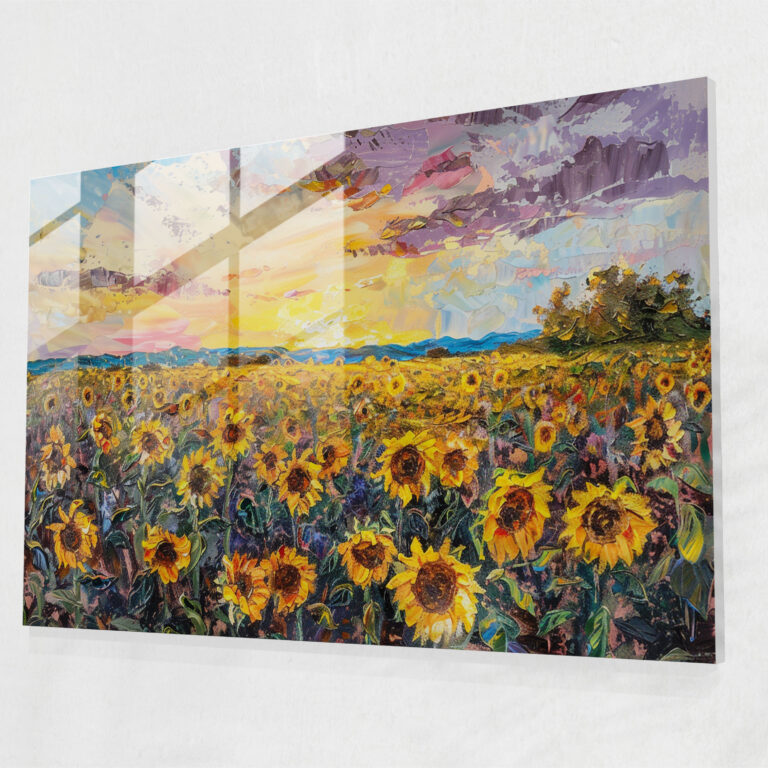 Sunflower Field At Sunset Glass Print - Impressionism, Glass Art, Modern Art, Wall Decoration