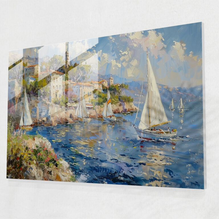 Impressionism Home Decoration - Seaside Town Sailboats - Impressionism, Coast, Seaside Town, Glass Print