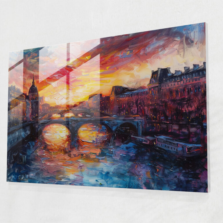 Impressionism Glass Print - Sunset Over The Seine - Impressionism, Sunset, Seine, Glass Print