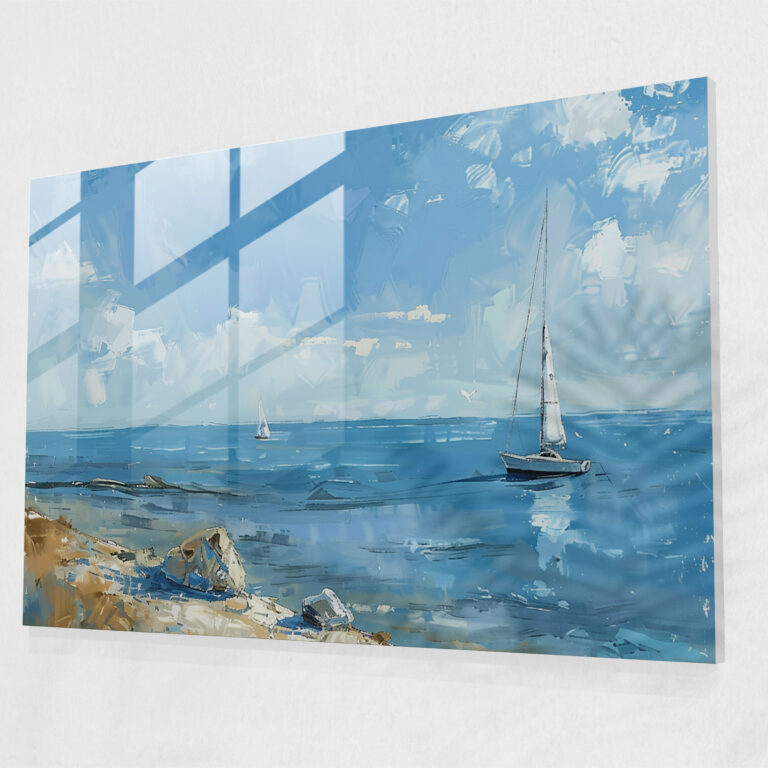 Impressionism Glass Print: Serene Seascape With Sailboats - Impressionism, Glass Art, Home Decoration, Impressionism