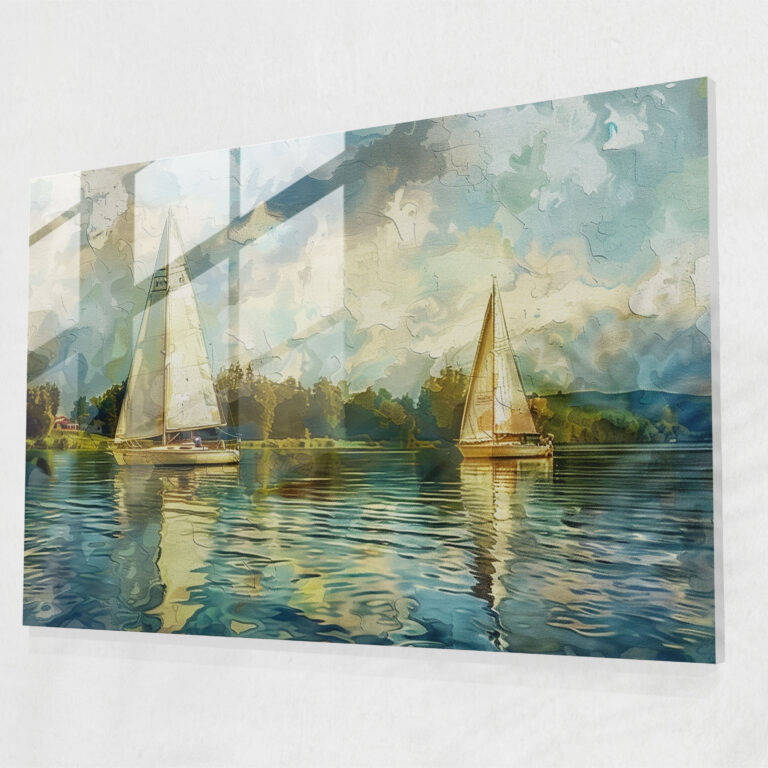 Impressionism Sailboats On Serene Lake Glass Wall Art - Impressionism, Home Decoration, Glass Wall Art, Impressionism