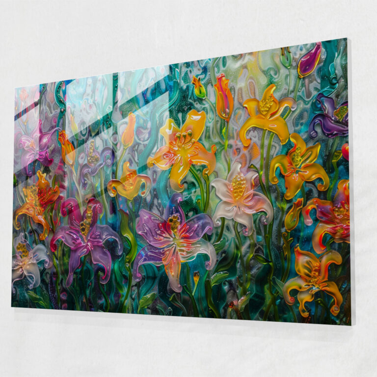 Impressionism Garden Filled With Blooming Lilies Glass Art - Impressionism, Home Decoration, Glass Art, Modern Art