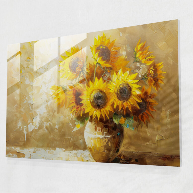 Impressionism Bright Sunflowers In Rustic Vase Glass Art - Impressionism, Home Decoration, Glass Art, Impressionism