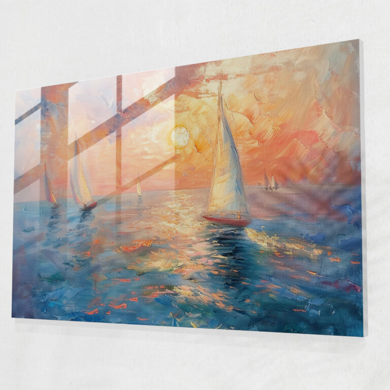 Impressionism Modern Art - Sunset Seascape Sailboats - Impressionism, Impressionism, Modern Art, Glass Print