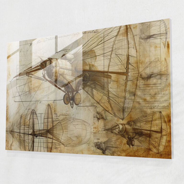 Leonardo Da Vinci Glass Print - Flying Machines Inventions - Leonardo Da Vinci, Home Decoration, Wall Decoration, Leonardo Da Vinci