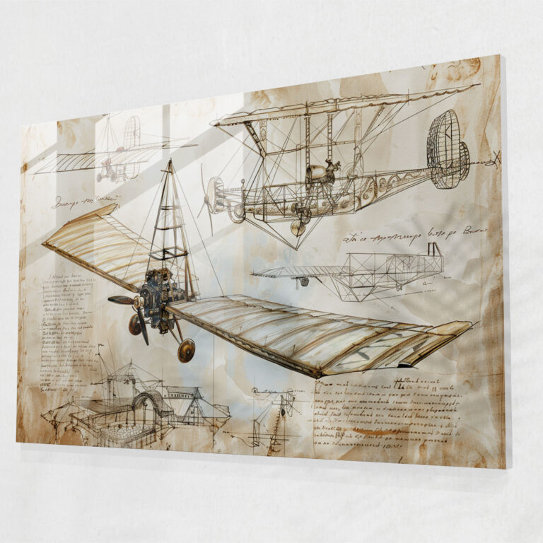 Leonardo Da Vinci Glass Print - Flying Machine Sketches - Leonardo Da Vinci, Leonardo Da Vinci, Modern Art, Glass Wall Art