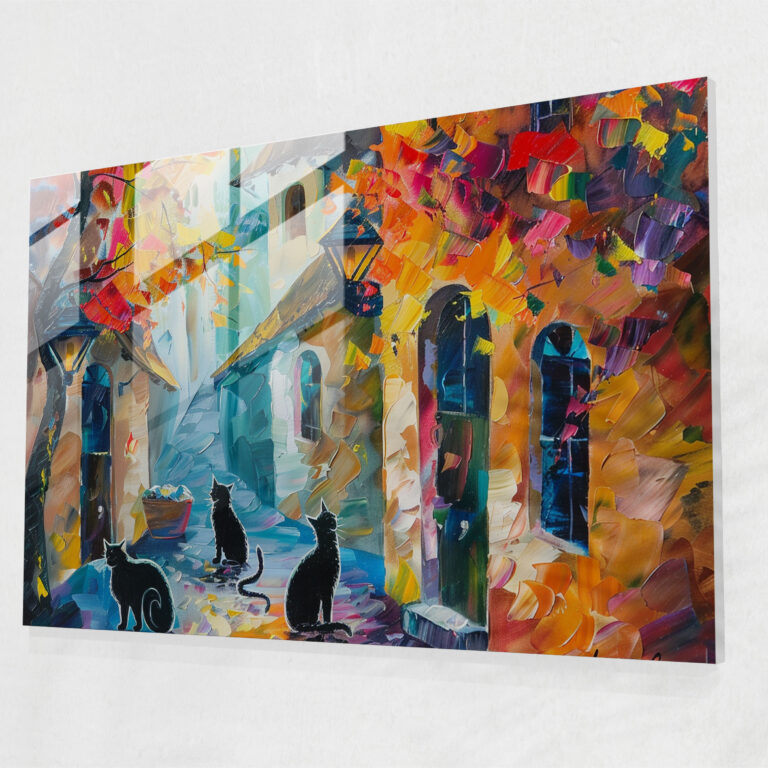 Leonid Afremov Glass Print - Whimsical Street Cats Glass Wall Art - Leonid Afremov, Glass Art, Glass Wall Art, Wall Decoration