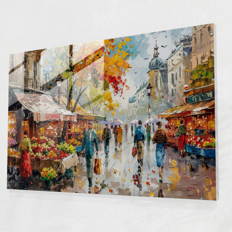 Leonid Afremov Home Decoration - Lively Street Market Scene - Leonid Afremov, Glass Print, Modern Art, Wall Decoration