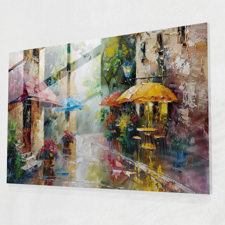 Leonid Afremov Glass Wall Art: Cozy Rainy Street Scene - Leonid Afremov, Glass Art, Wall Decoration, Glass Print