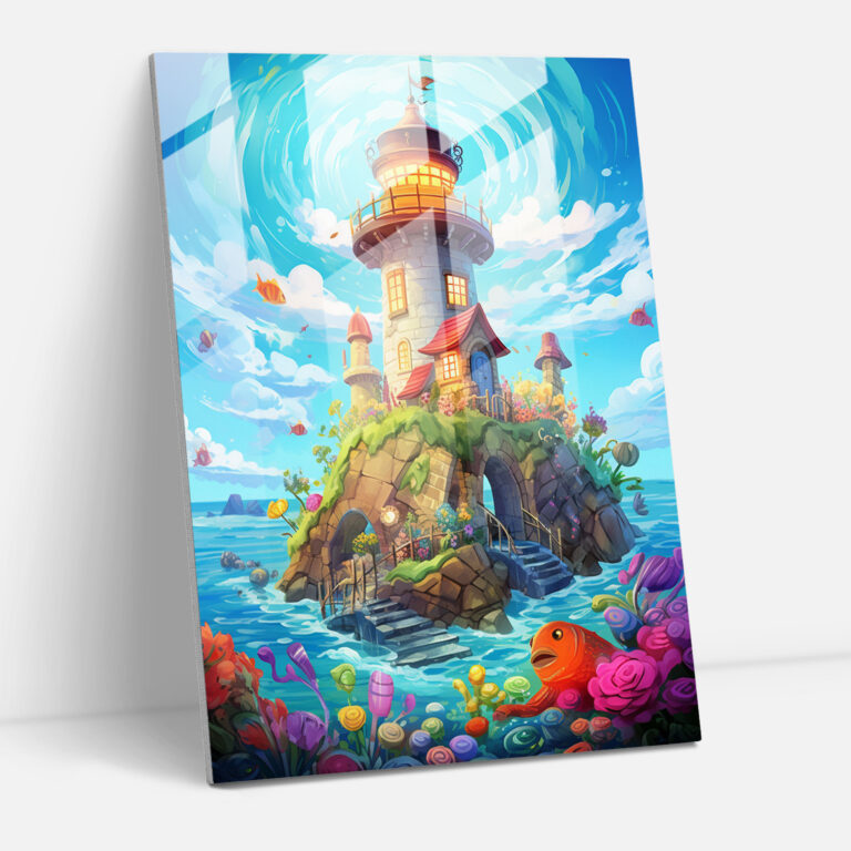 Whimsical Lighthouse Glass Art - Lighthouse, Home Decoration, Glass Wall Art, Whimsical Cartoon Artwork