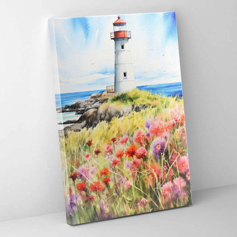 Lighthouse Wall Decoration - Lighthouse, Vibrant Flowers, Canvas Wall Art, Home Decoration