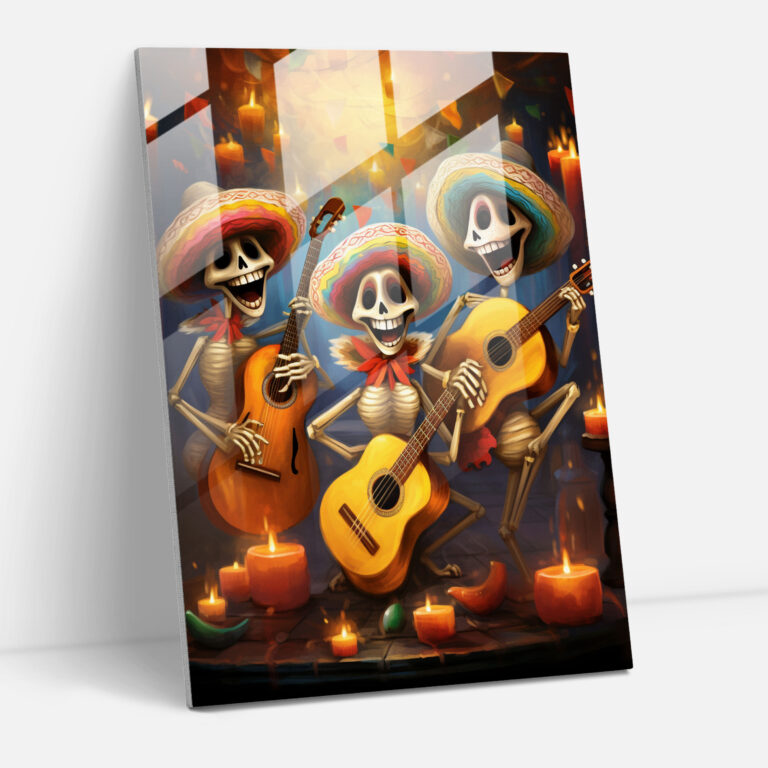 Mariachi Glass Print - Los Muertos, Festive Cheer, Day Of The Dead, Glass Art