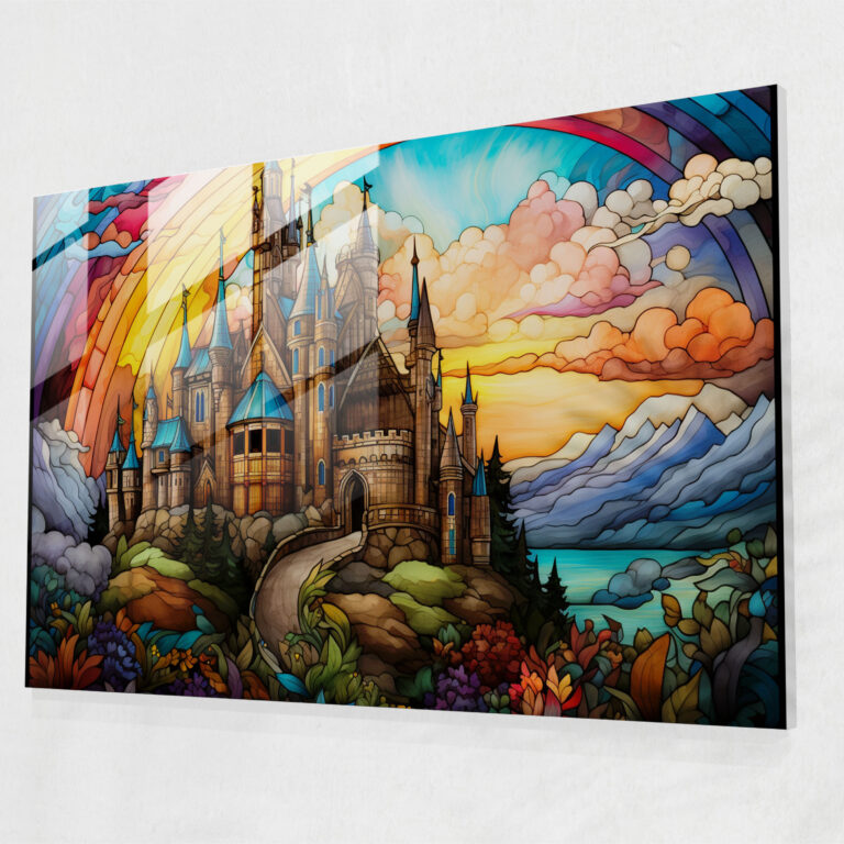 Medieval Glass Print - Stained Glass Castle - Medieval, Intricate, Home Decoration, Glass Print