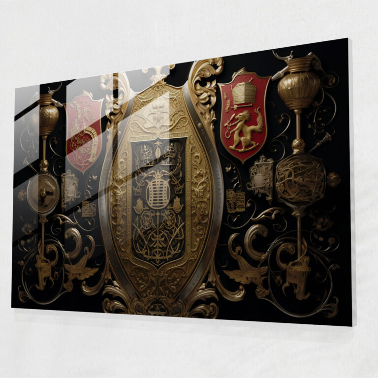 Medieval Glass Print: Royal Heraldry - Medieval, Gold Accents, Wall Decoration, Majestic Beauty