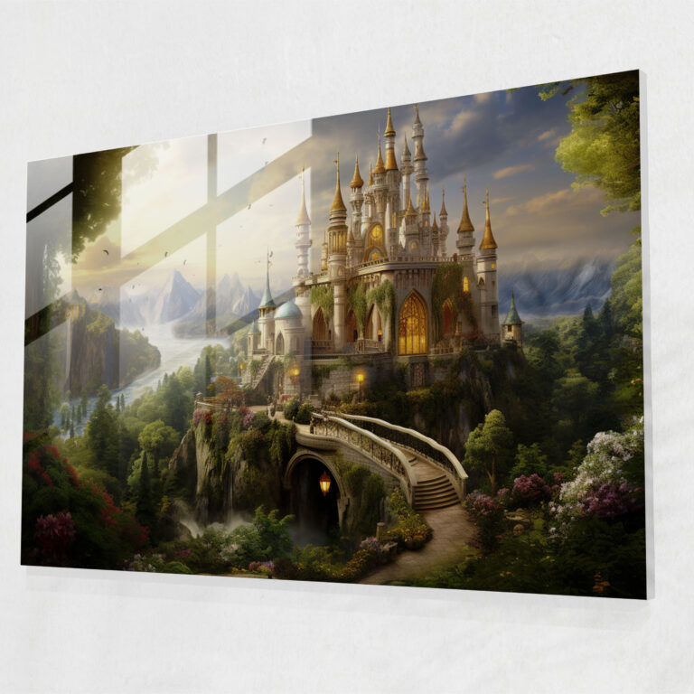 Medieval Castle Glass Print - Medieval, Lush Greenery, Golden Accents, Glass Art
