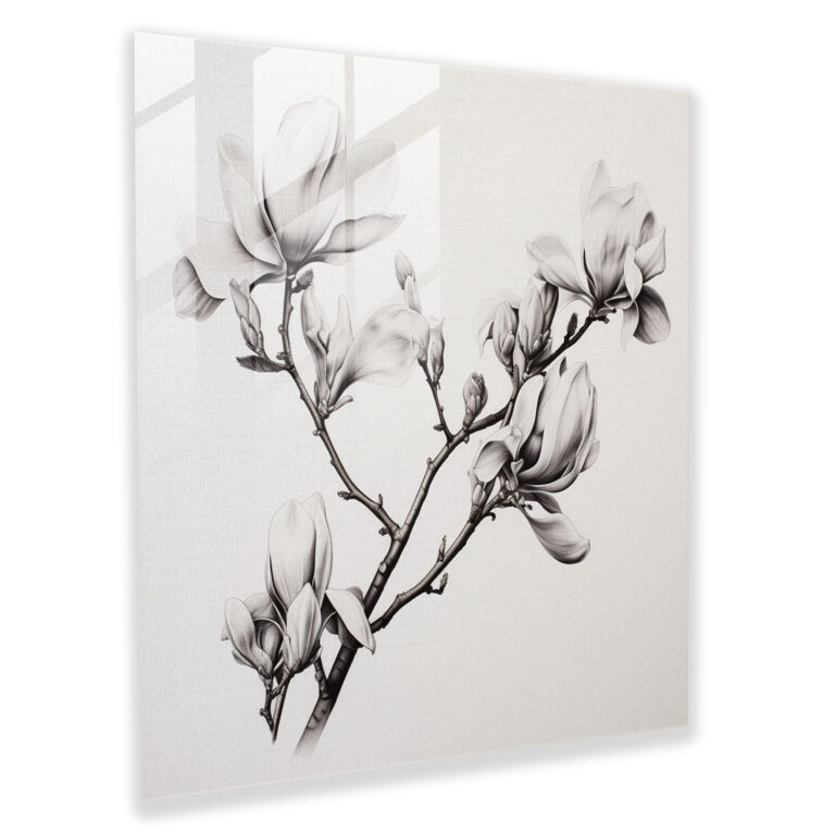 Magnolia Charcoal Sketched Glass Print - Magnolia, Wall Decoration, Elegance, Intricate Shading