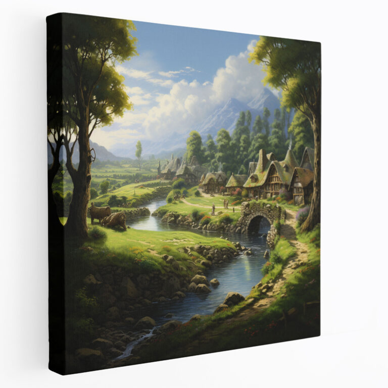 Middle Earth Wall Art: Serene Village - Middle Earth, Home Decoration, Lush Green Fields, Soothing Ambiance