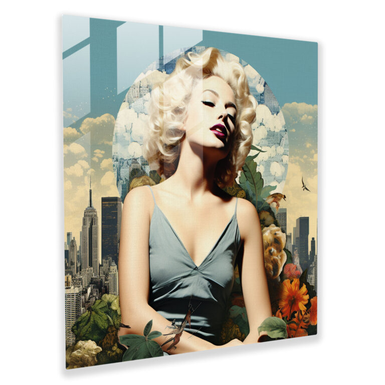 Surreal Marilyn Monroe Glass Print - Marilyn Monroe, Glass Art, Cityscape, Surreal Collage