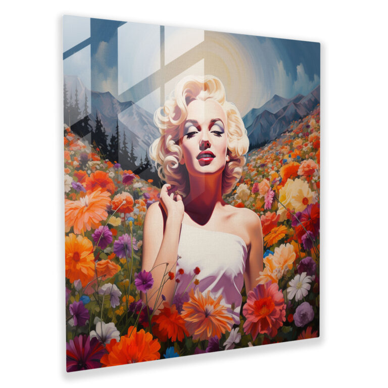 Marilyn Monroe Flower Field Glass Print - Marilyn Monroe, Modern Art, Vibrant Flowers, Flower Field