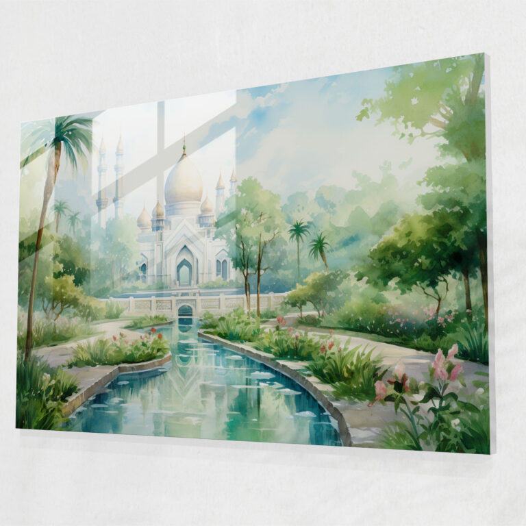 Watercolor Glass Print Of Serene Mosque - Mosque, Glass Print, Glass Art, Mosque