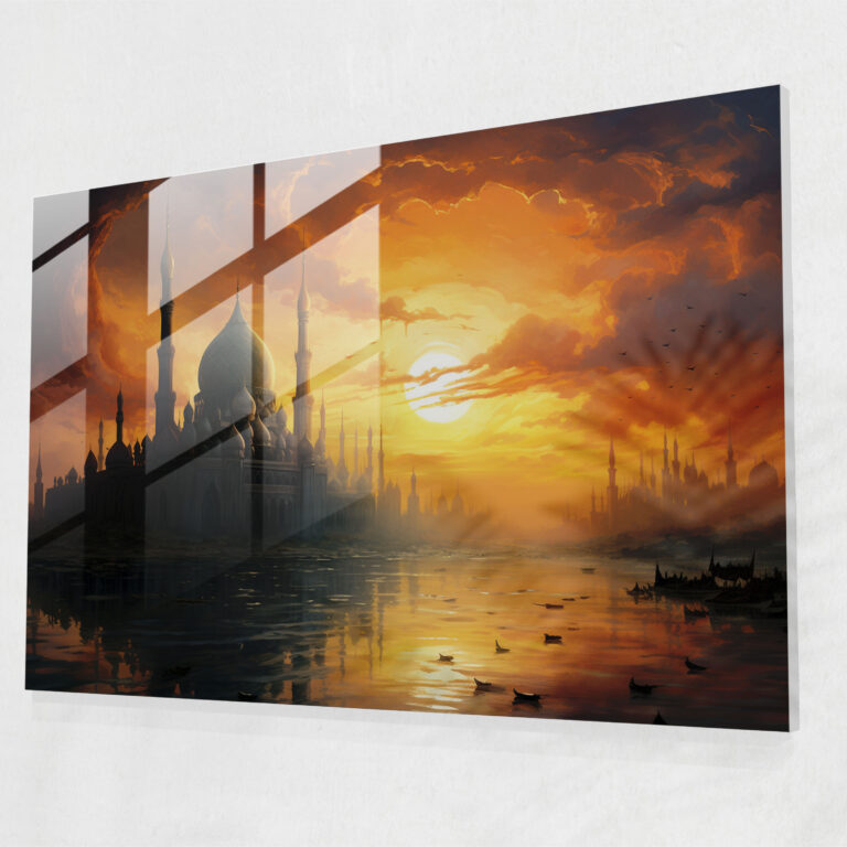 Oil Painting Glass Print Of Silhouette Mosque - Mosque, Glass Art, Glass Wall Art, Glass Print