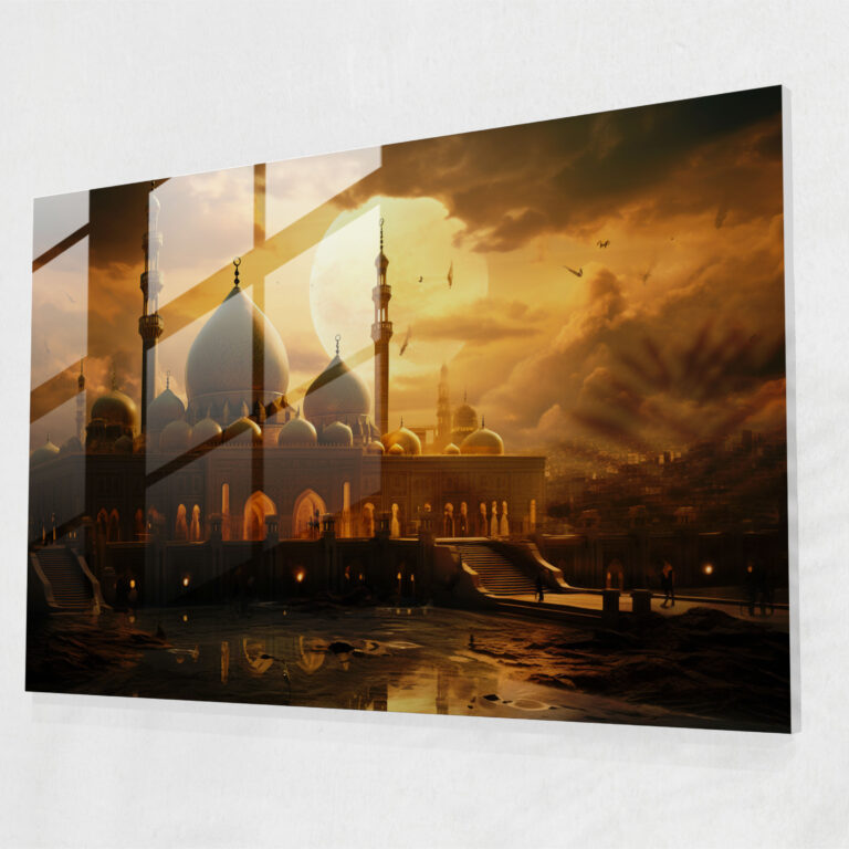 Golden Islamic Calligraphy Glass Print - Serene Mosque At Dusk - Mosque, Islamic Calligraphy, Home Decoration, Modern Art
