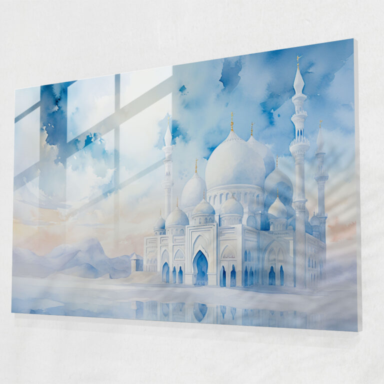 Watercolor Mosque Glass Print - Peaceful Serenity - Mosque, Mosque, Wall Decoration, Serene Beauty