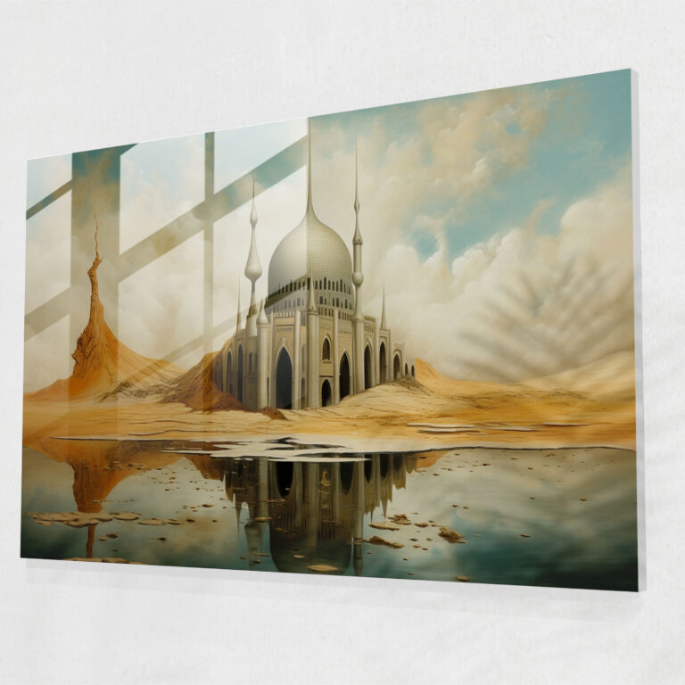 Mixed-Media Mosque Glass Print - Surreal Contemplation - Mosque, Thought-Provoking, Surreal Mixed-Media, Glass Art
