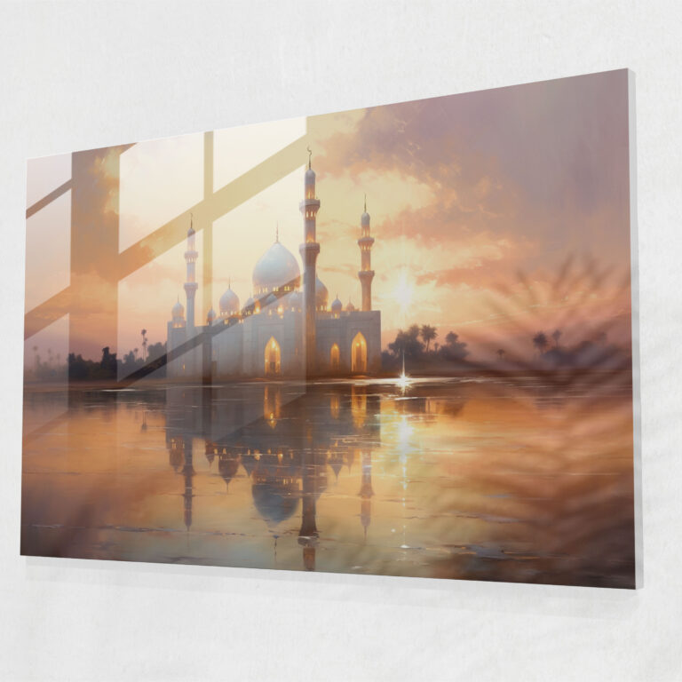 Serene Sunset Mosque Glass Print - Mosque, Glass Print, Glass Art, Contemporary Oil Painting
