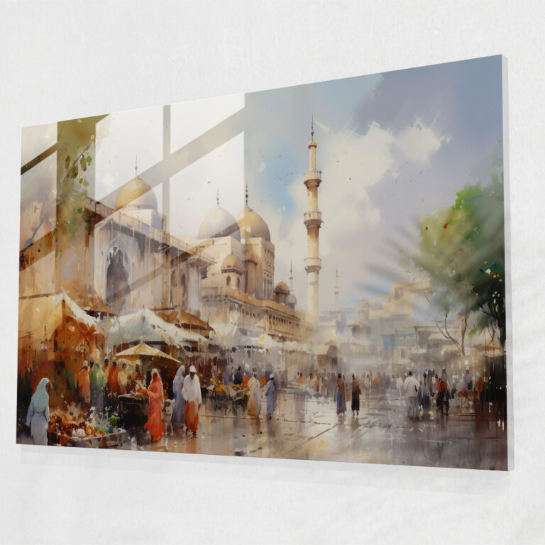Marketplace Mosque Glass Print - Mosque, Glass Wall Art, Impressionist Painting, Lively Atmosphere