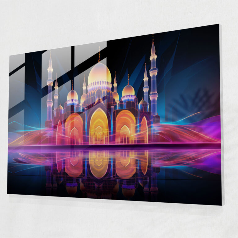 Neon Mosque Glass Print - Mosque, Home Decoration, Contemporary Digital Art, Glass Wall Art