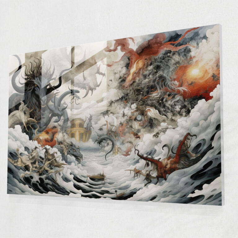Mythology Glass Wall Art - Battling Greek Mythological Creatures - Mythology, Glass Wall Art, Home Decoration, Ink Illustration